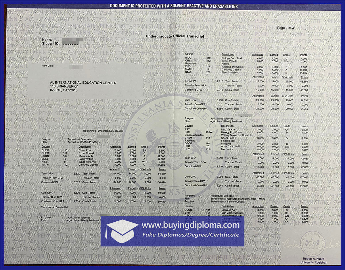 Is a real Pennsylvania State University transcript 