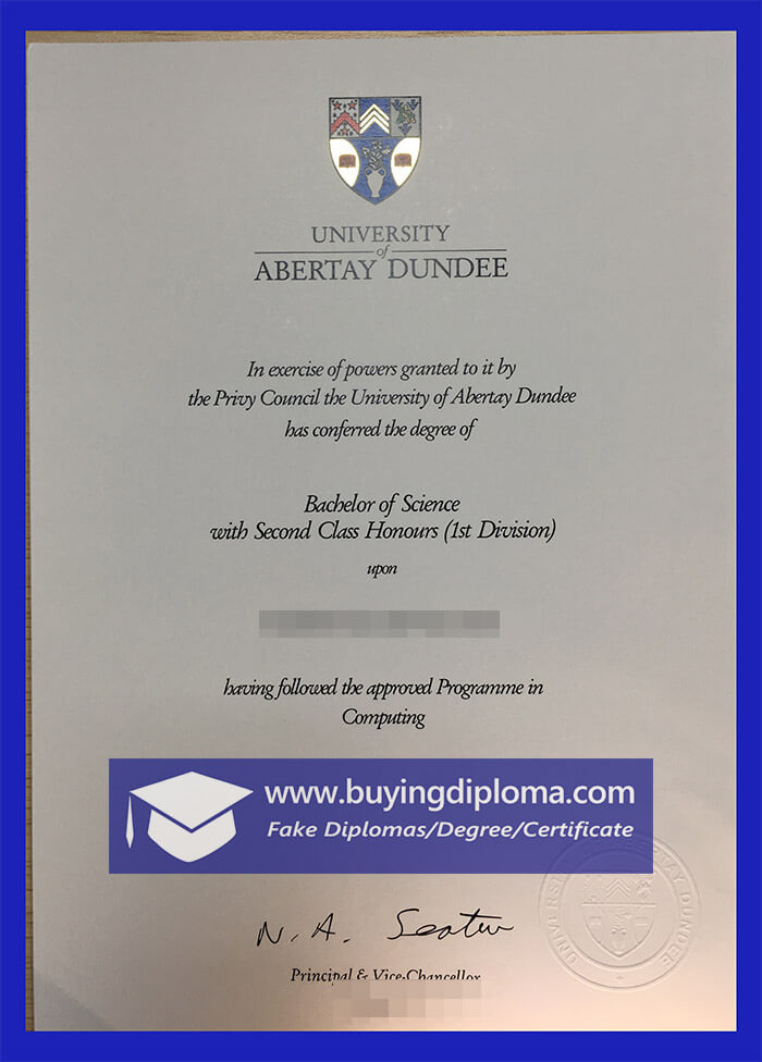 Fake University of Abertay Dundee diploma