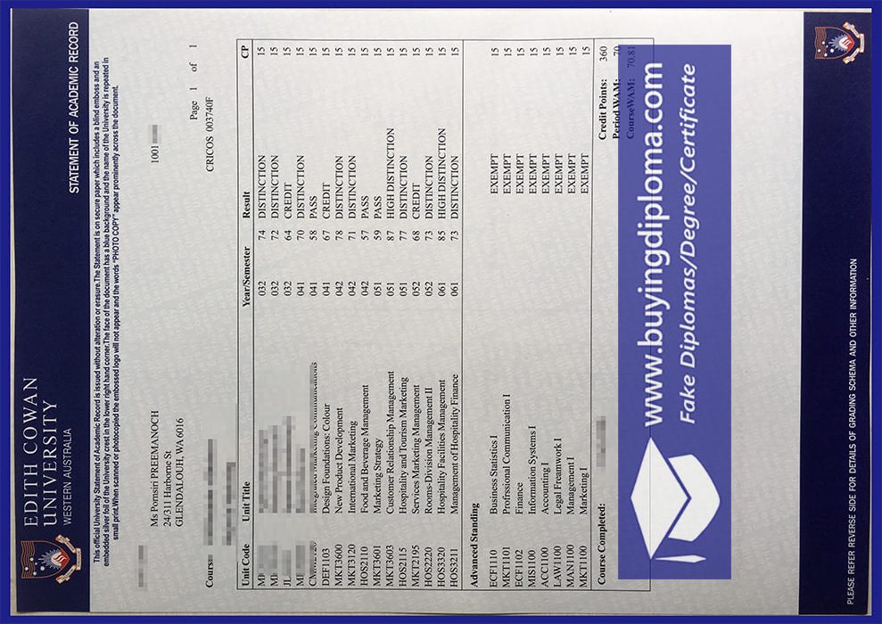 get fake Edith Cowan University Transcript